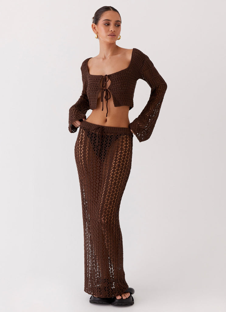 Womens Rosalina Crochet Maxi Skirt in the colour Chocolate in front of a light grey background