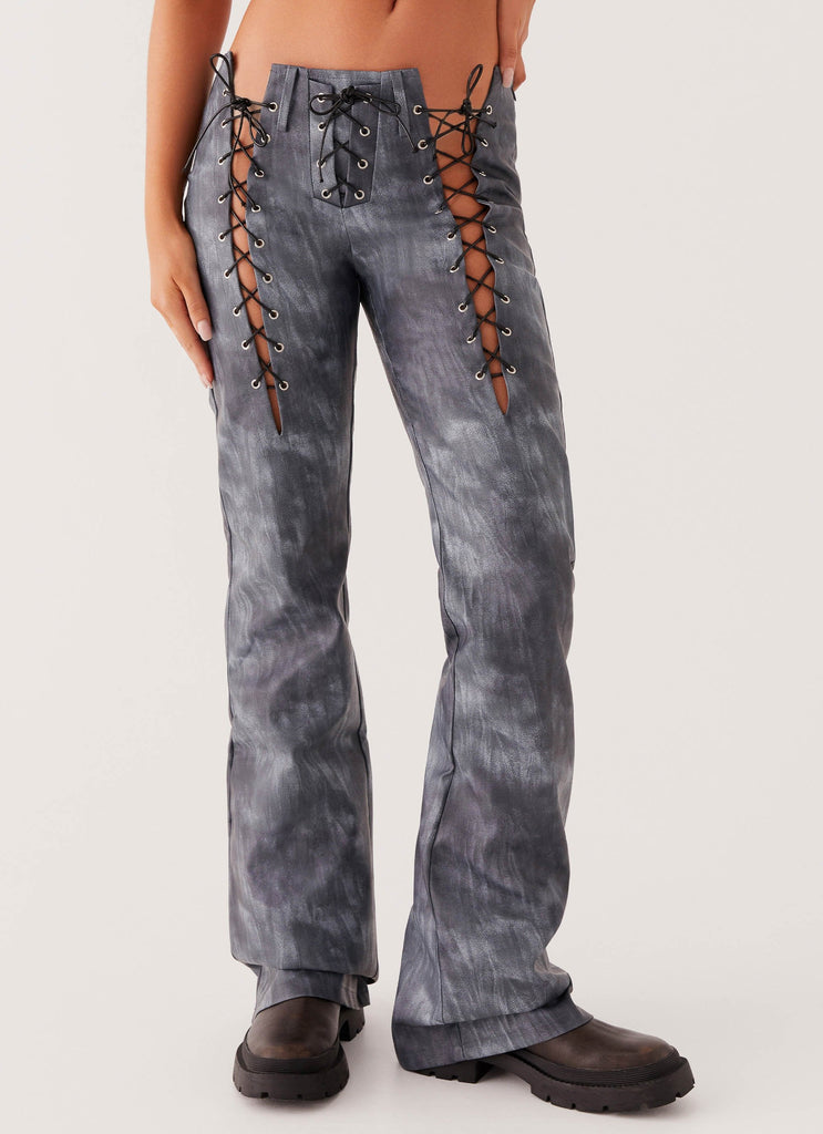 Womens Better When I'm Dancing Lace Up Pants in the colour Graphite in front of a light grey background