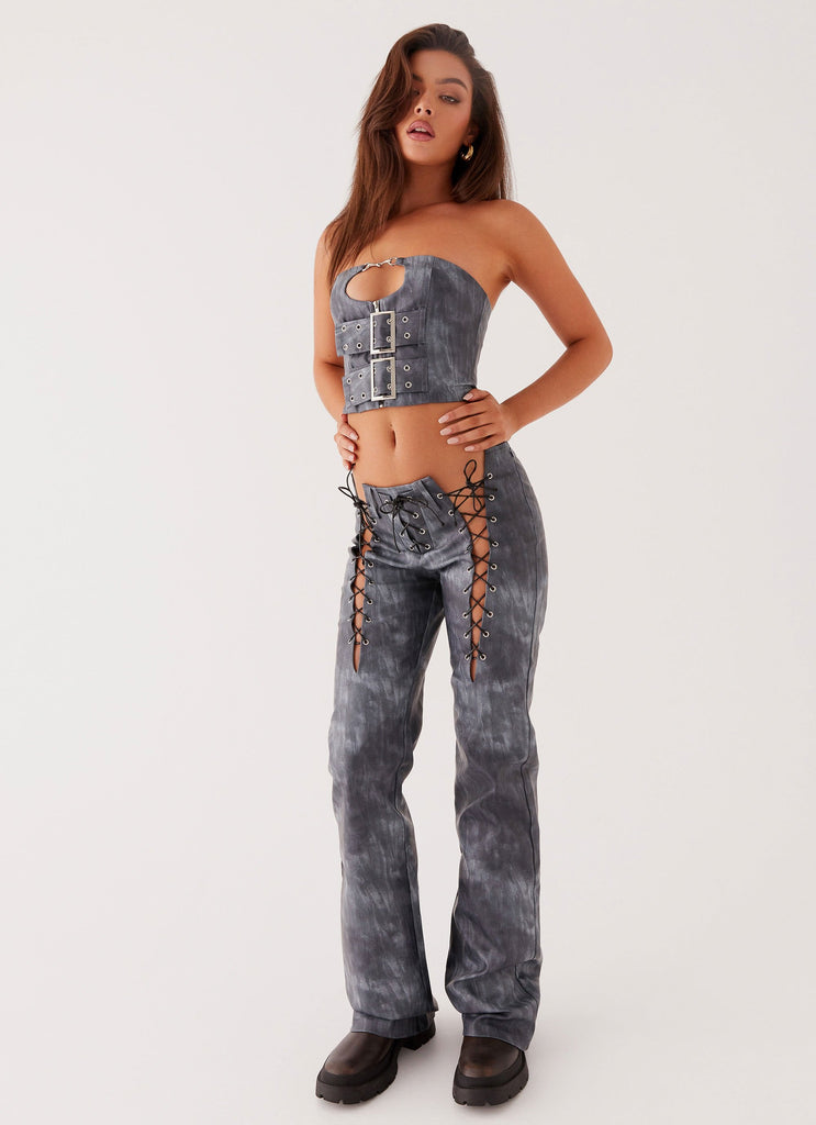 Womens Better When I'm Dancing Lace Up Pants in the colour Graphite in front of a light grey background