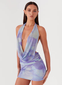 Womens Elysia Mesh Mini Dress in the colour Purple Rain in front of a light grey background