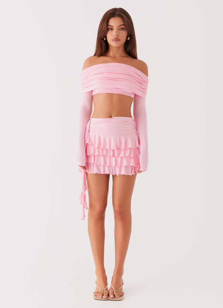 Womens Bardot Frill Mini Skirt in the colour Candy Pink in front of a light grey background