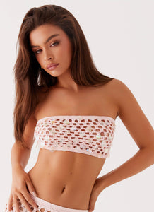 Womens Evissa Crochet Strapless Crop Top in the colour Pink in front of a light grey background