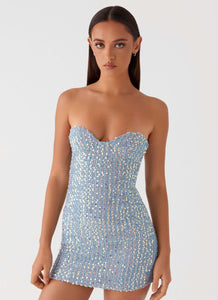 Womens Disturbia Sequin Mini Dress in the colour Sequin Denim in front of a light grey background