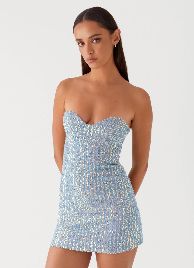 Womens Disturbia Sequin Mini Dress in the colour Sequin Denim in front of a light grey background