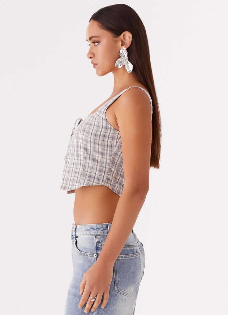 Womens Oasis Dreams Tie Top in the colour Check in front of a light grey background