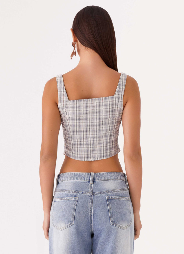 Womens Oasis Dreams Tie Top in the colour Check in front of a light grey background