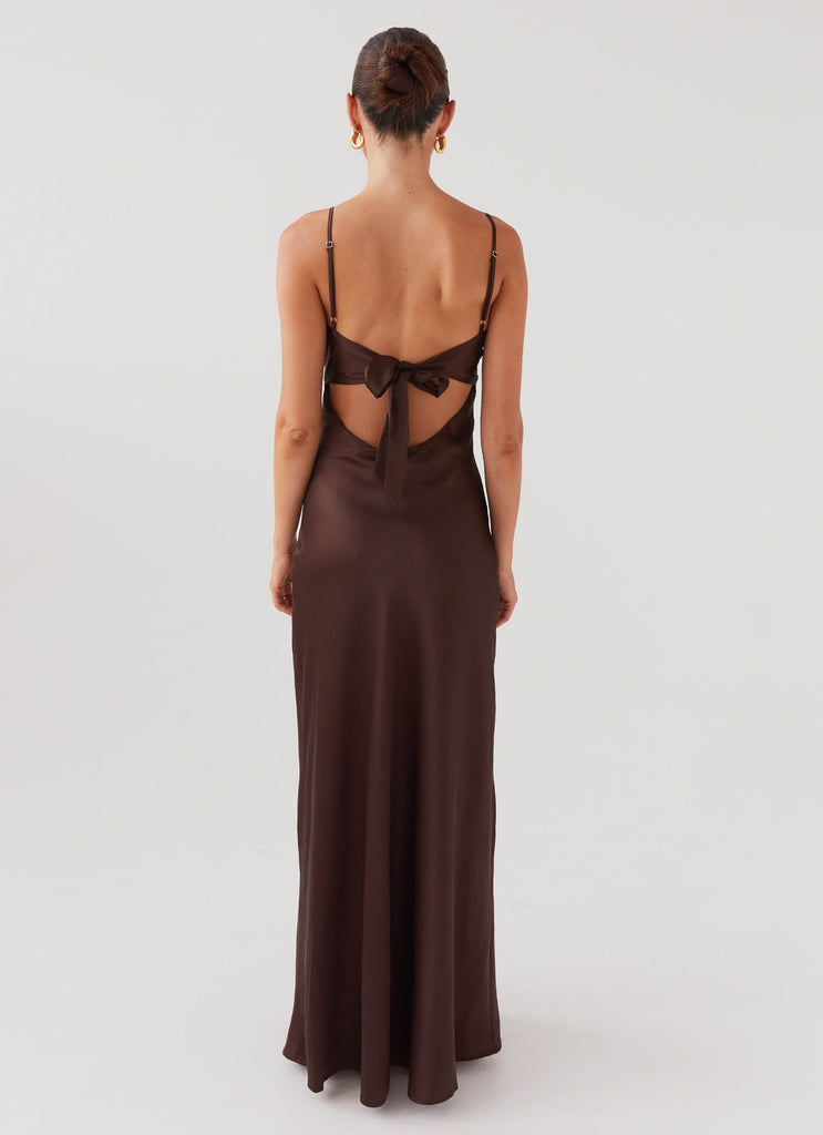 Womens Flora Satin Maxi Dress in the colour Chocolate in front of a light grey background