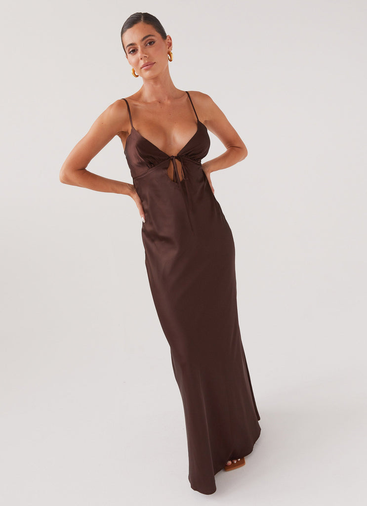 Womens Flora Satin Maxi Dress in the colour Chocolate in front of a light grey background