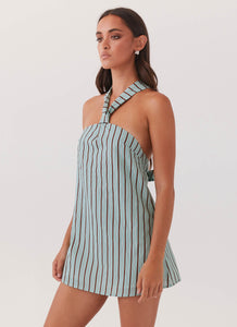 Womens Keira Linen Mini Dress in the colour Coastal Stripe in front of a light grey background