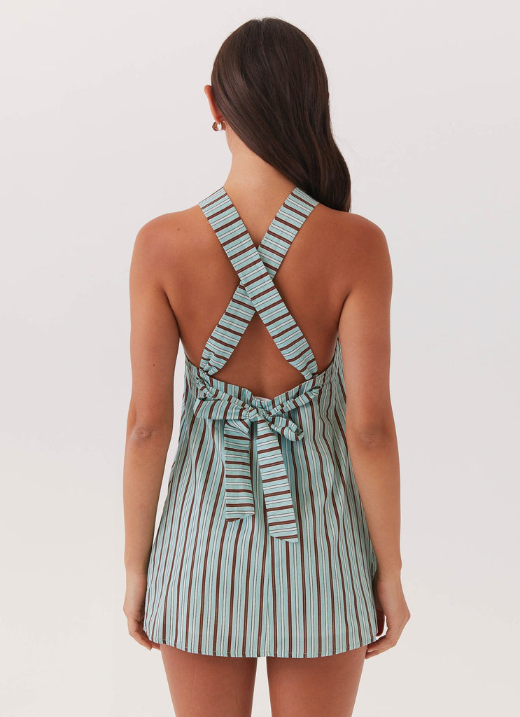 Womens Keira Linen Mini Dress in the colour Coastal Stripe in front of a light grey background