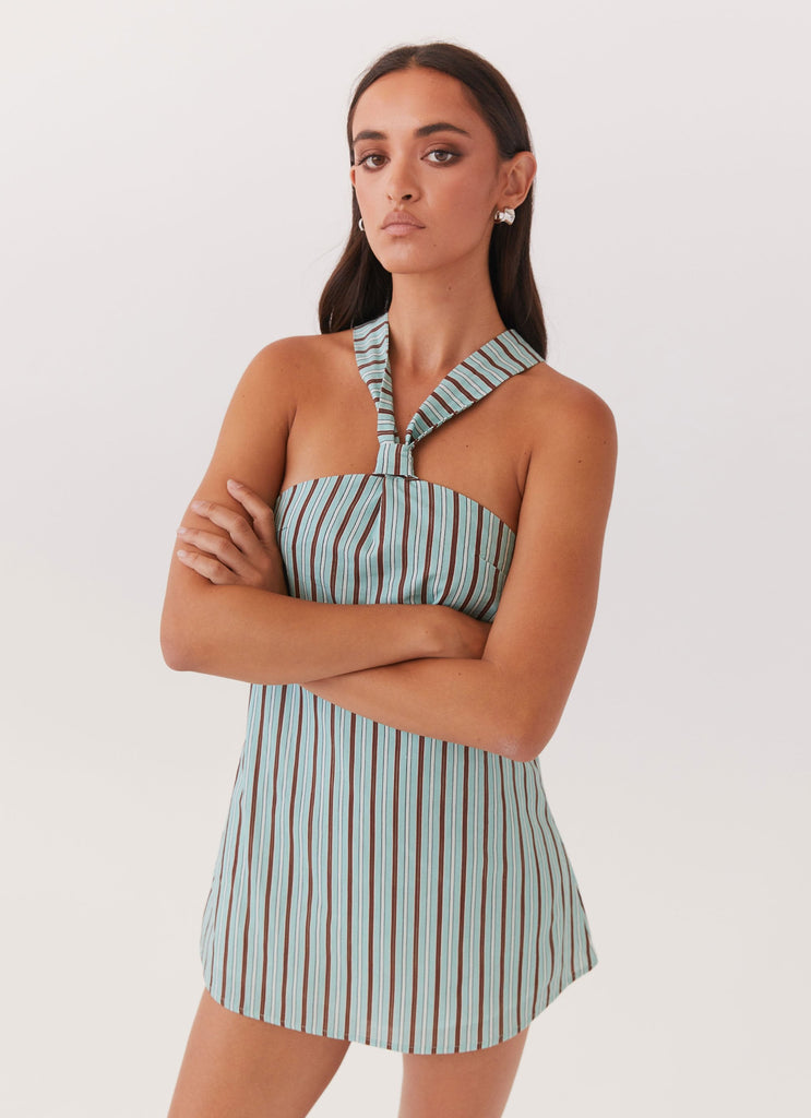 Womens Keira Linen Mini Dress in the colour Coastal Stripe in front of a light grey background