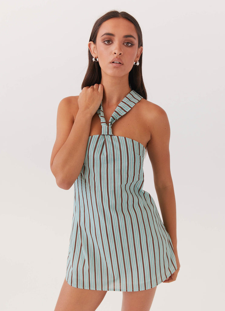 Womens Keira Linen Mini Dress in the colour Coastal Stripe in front of a light grey background