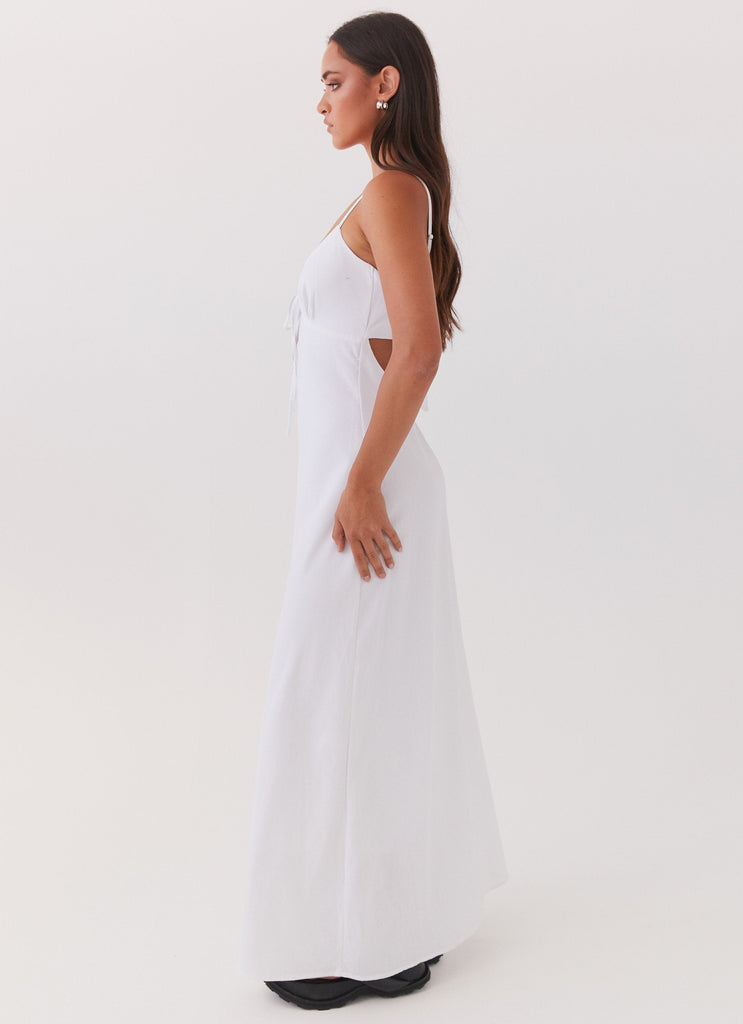 Womens Flora Linen Maxi Dress in the colour White in front of a light grey background