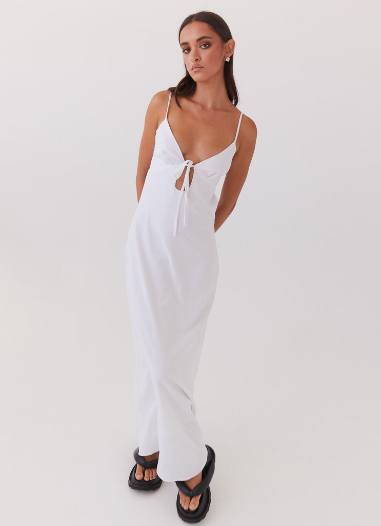 Womens Flora Linen Maxi Dress in the colour White in front of a light grey background