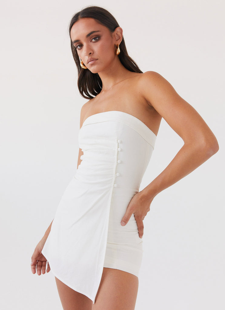 Womens Lavinia Linen Tube Mini Dress in the colour White in front of a light grey background