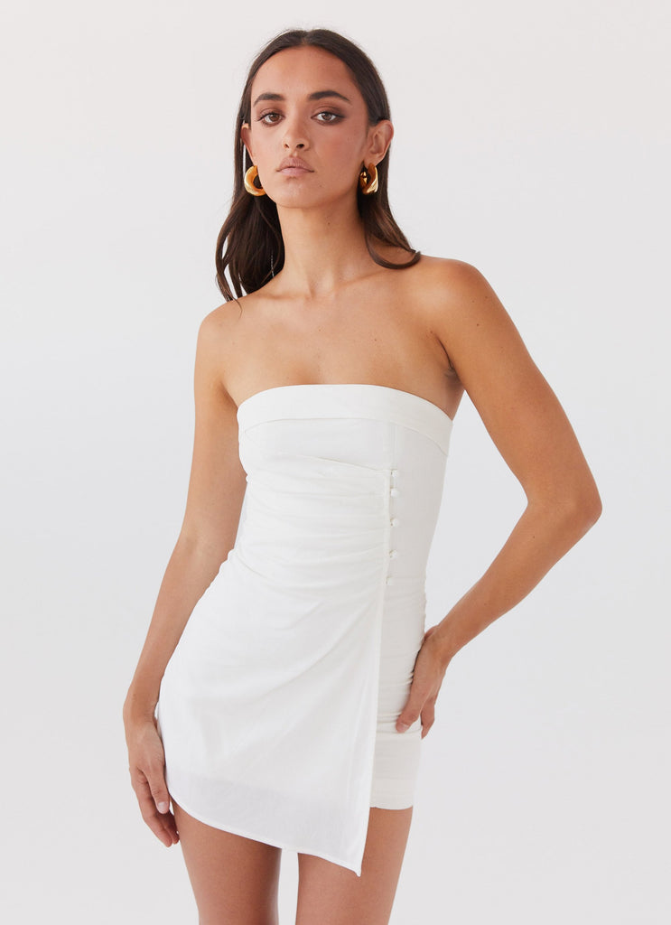 Womens Lavinia Linen Tube Mini Dress in the colour White in front of a light grey background