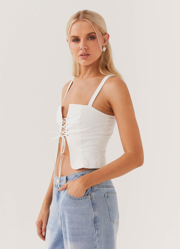 Womens Hopeful Hearts Bustier Top in the colour White in front of a light grey background