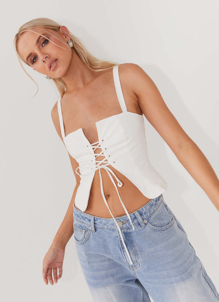 Womens Hopeful Hearts Bustier Top in the colour White in front of a light grey background