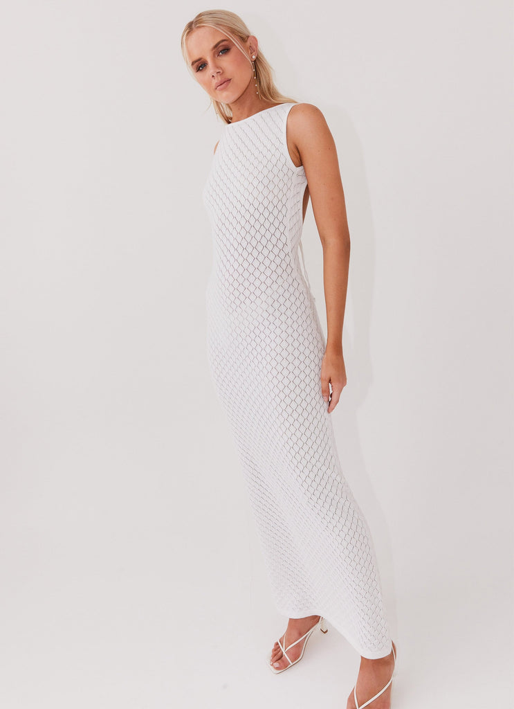 Womens Etoile Knit Maxi Dress in the colour White in front of a light grey background