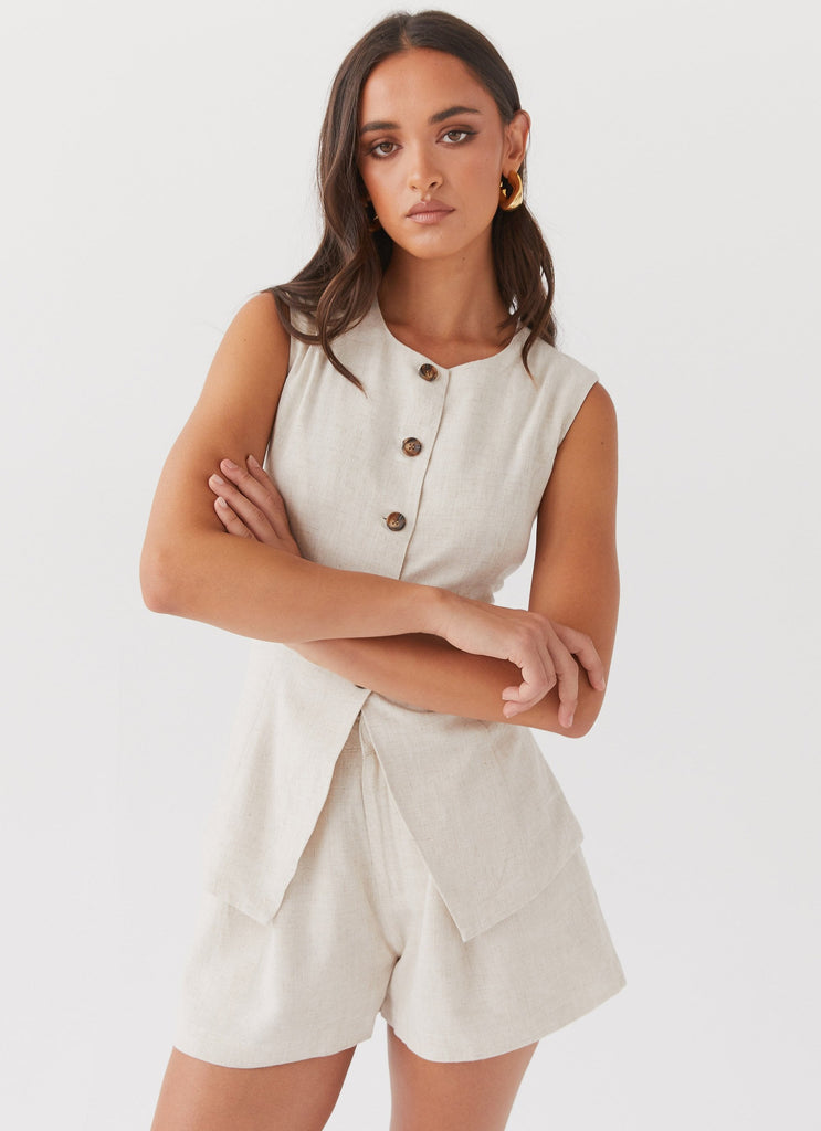 Womens Born For Bordeaux Linen Shorts in the colour Oatmeal in front of a light grey background