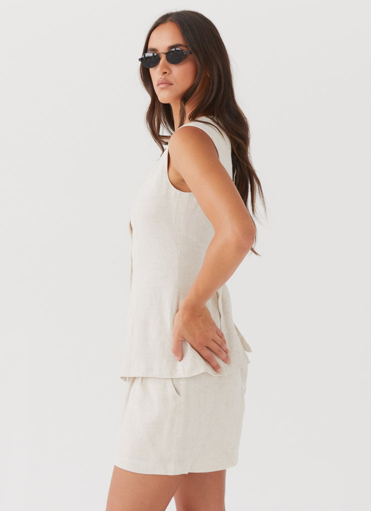 Womens Born For Bordeaux Linen Shorts in the colour Oatmeal in front of a light grey background