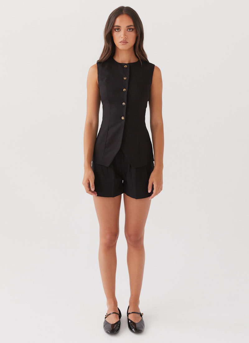 Womens Born For Bordeaux Linen Shorts in the colour Black in front of a light grey background
