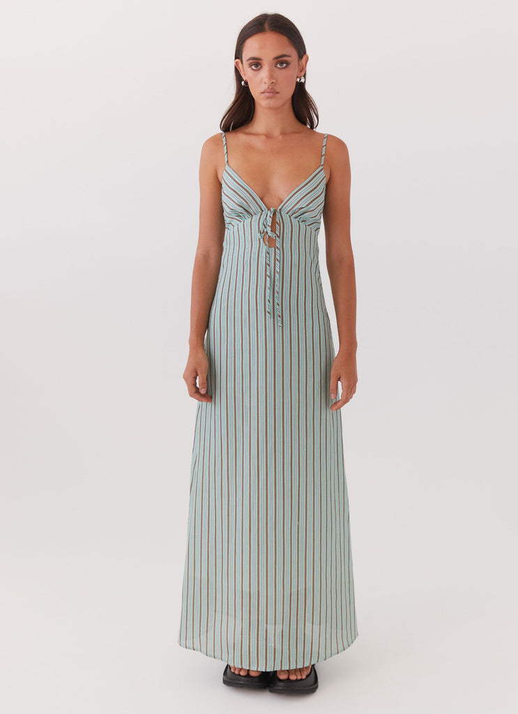 Womens Flora Linen Maxi Dress in the colour Coastal Stripe in front of a light grey background