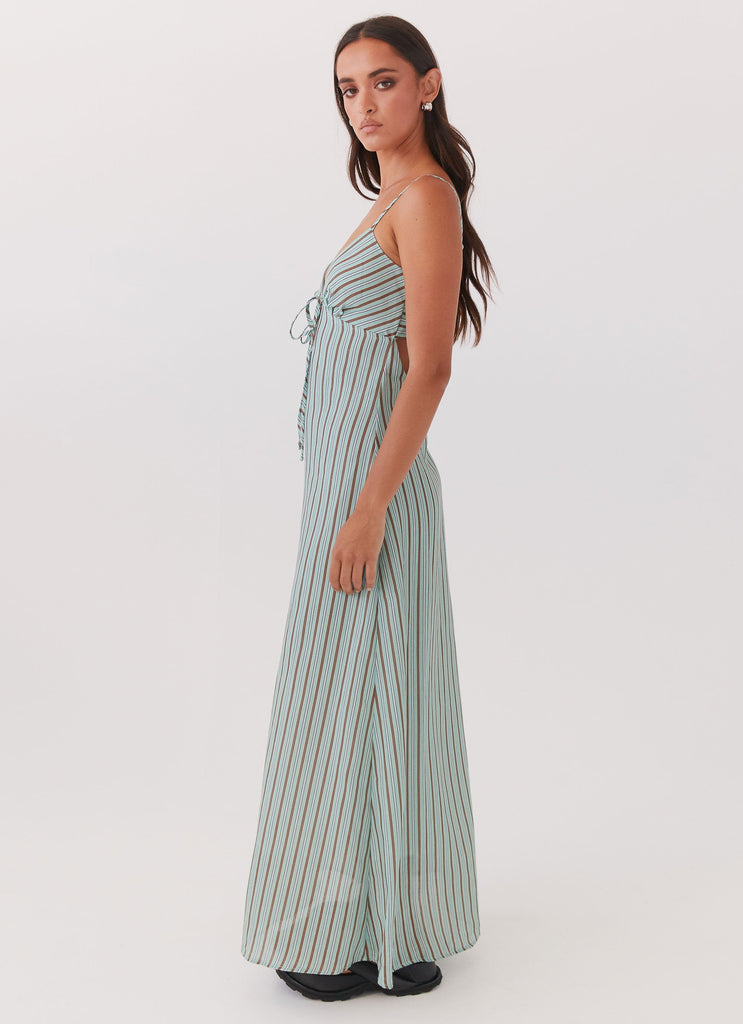 Womens Flora Linen Maxi Dress in the colour Coastal Stripe in front of a light grey background