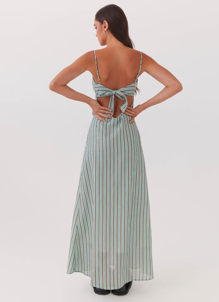 Womens Flora Linen Maxi Dress in the colour Coastal Stripe in front of a light grey background