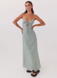 Womens Flora Linen Maxi Dress in the colour Coastal Stripe in front of a light grey background