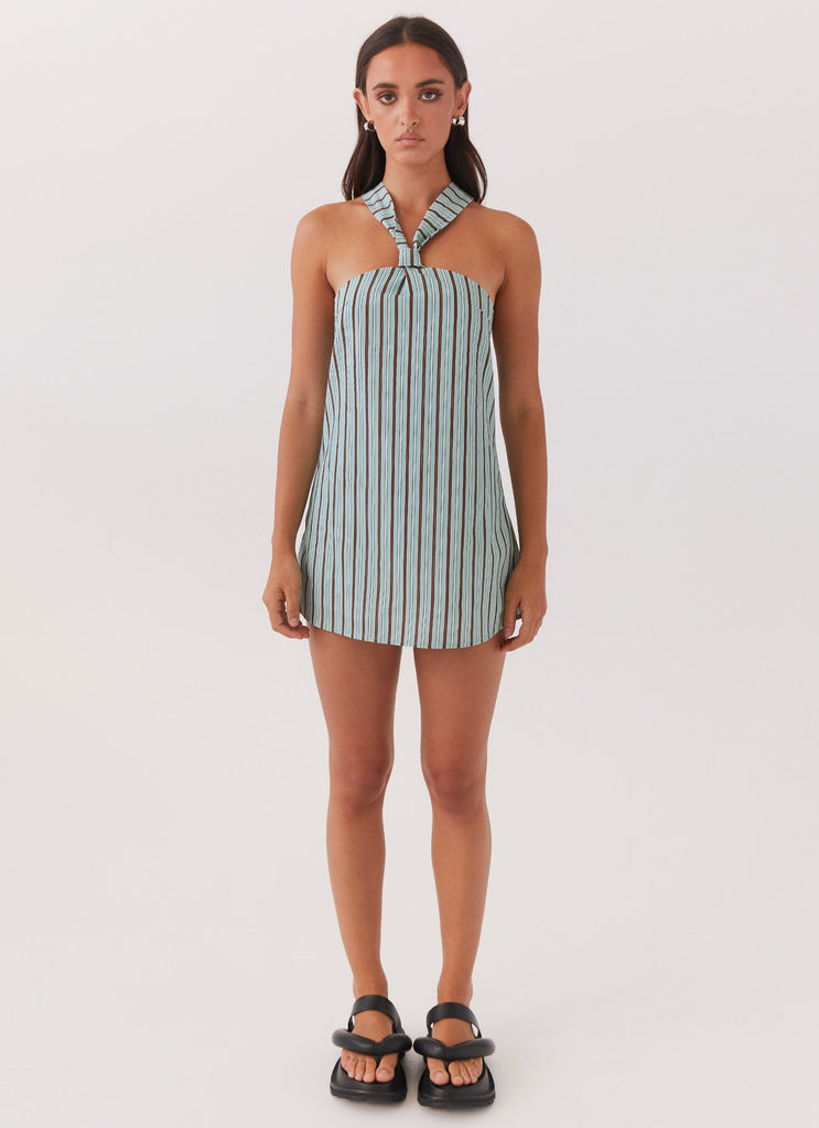 Womens Keira Linen Mini Dress in the colour Coastal Stripe in front of a light grey background