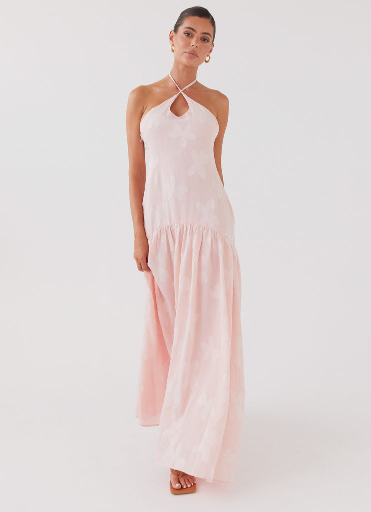 Womens Blushed Cross Neckline Maxi Dress in the colour Pink Petal in front of a light grey background