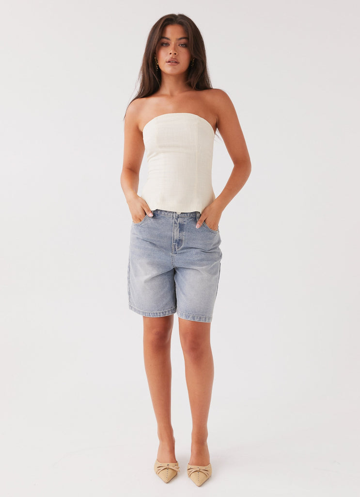 Womens Stephanie Linen Tube Top in the colour Ivory Cream in front of a light grey background