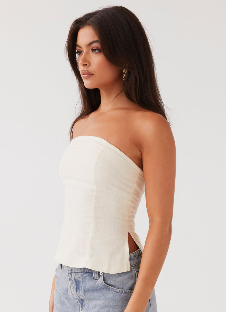 Womens Stephanie Linen Tube Top in the colour Ivory Cream in front of a light grey background