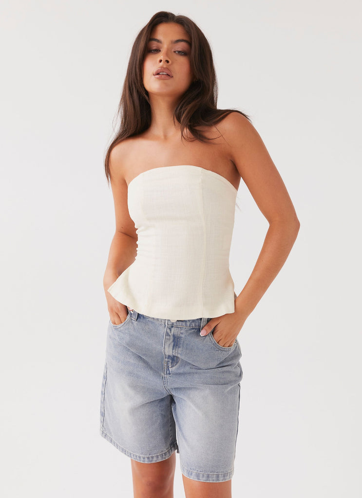 Womens Stephanie Linen Tube Top in the colour Ivory Cream in front of a light grey background