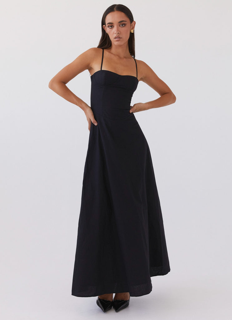 Womens Angelina Linen Maxi Dress in the colour Black in front of a light grey background