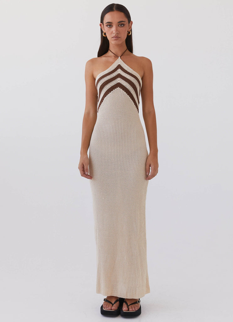 Womens Masterpiece Knit Maxi Dress in the colour Tiramisu in front of a light grey background