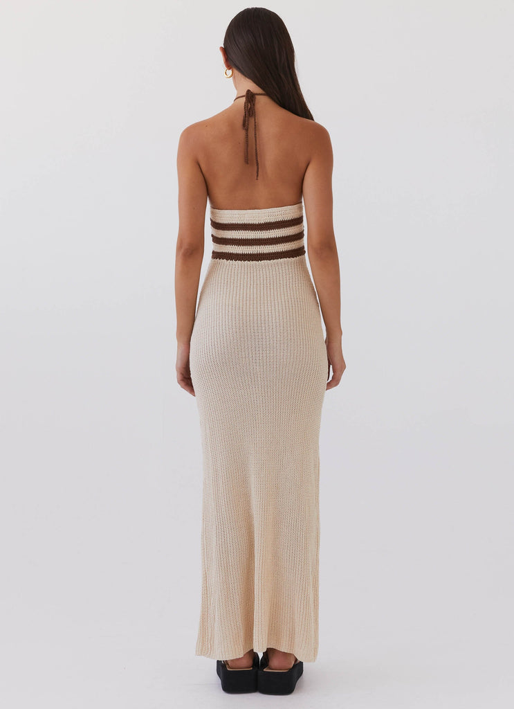 Womens Masterpiece Knit Maxi Dress in the colour Tiramisu in front of a light grey background