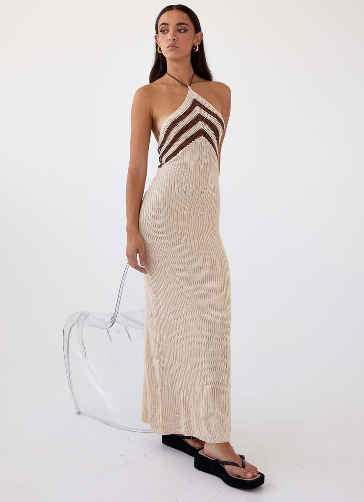 Womens Masterpiece Knit Maxi Dress in the colour Tiramisu in front of a light grey background