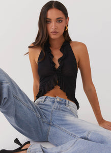 Womens Tanya Mesh Frill Top in the colour Black in front of a light grey background