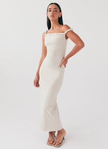 Womens Arabella Twist Shoulder Maxi Dress in the colour Beige in front of a light grey background