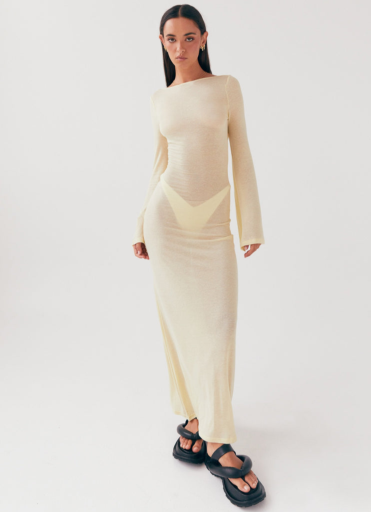 Womens Olivia Long Sleeve Maxi Dress in the colour Lemon in front of a light grey background