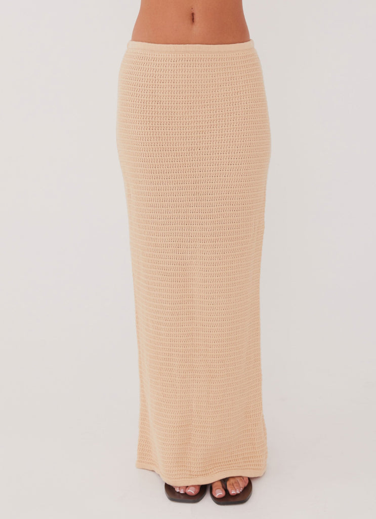 Womens Emaline Knit Maxi Skirt in the colour Beige in front of a light grey background