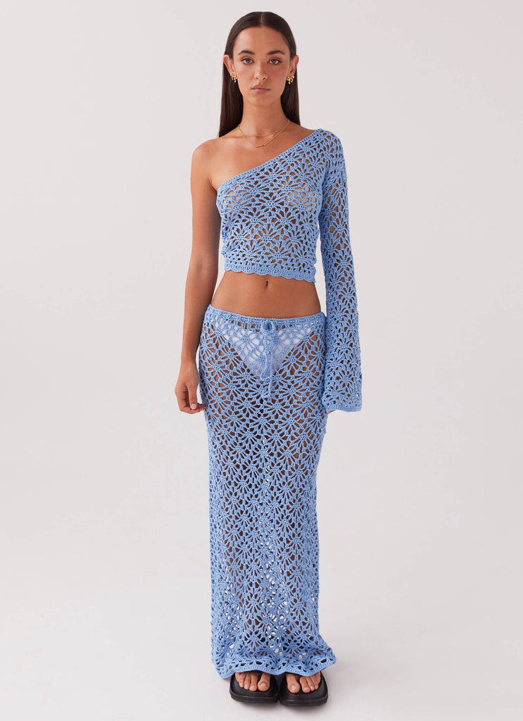 Womens Merliah Crochet Top in the colour Blue in front of a light grey background