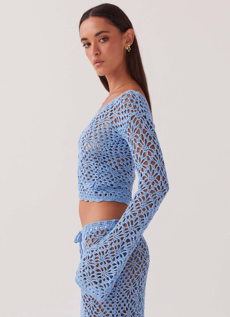 Womens Merliah Crochet Top in the colour Blue in front of a light grey background