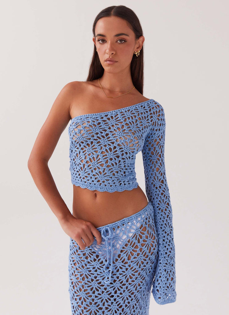 Womens Merliah Crochet Top in the colour Blue in front of a light grey background