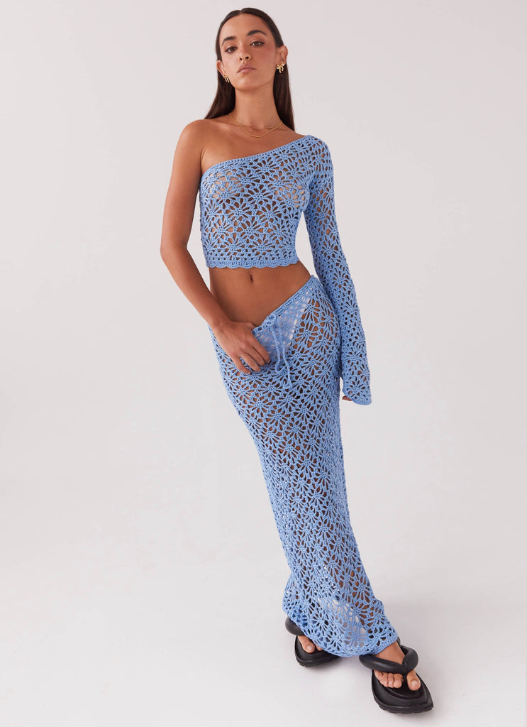 Womens Merliah Crochet Top in the colour Blue in front of a light grey background