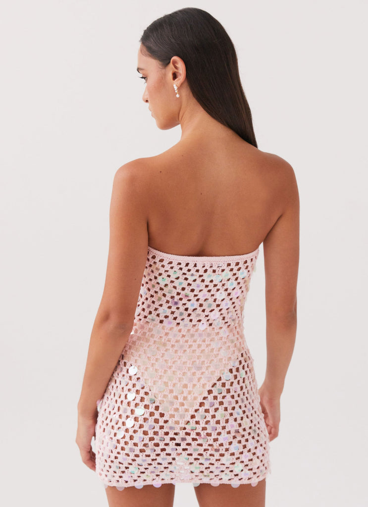 Womens Montana Sequin Crochet Mini Dress in the colour Pink in front of a light grey background