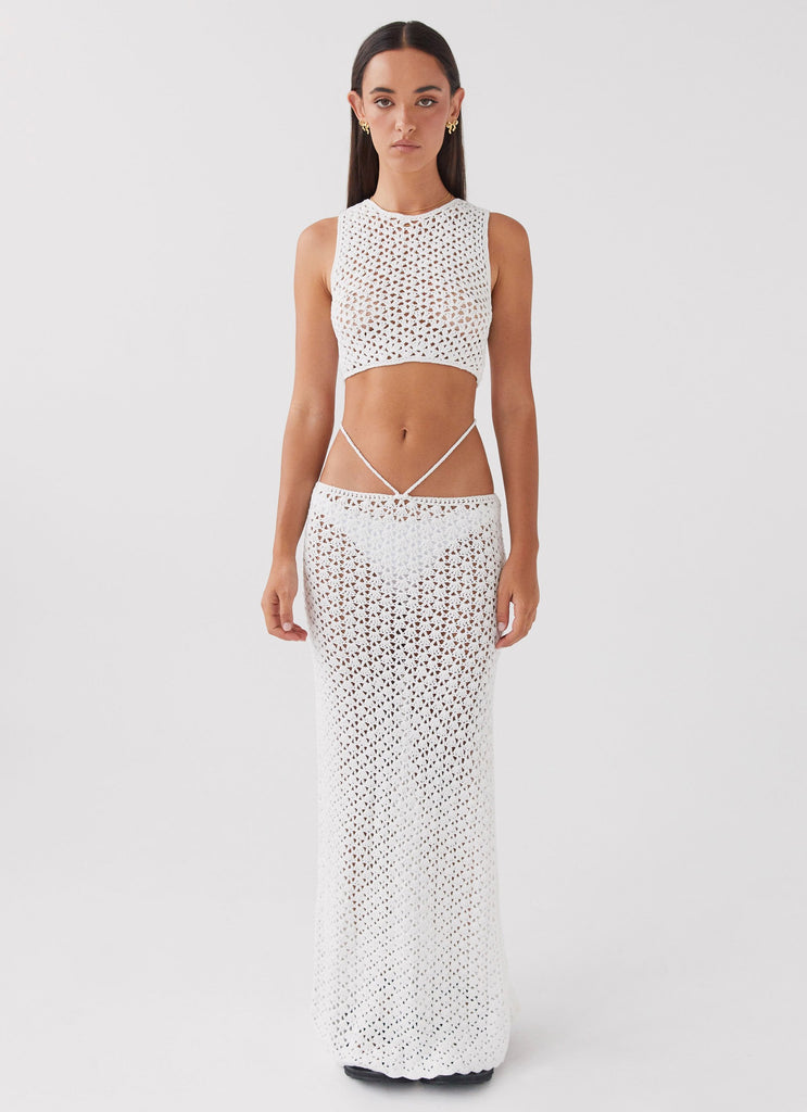 Womens Mabel Bay Crochet Maxi Skirt in the colour White in front of a light grey background