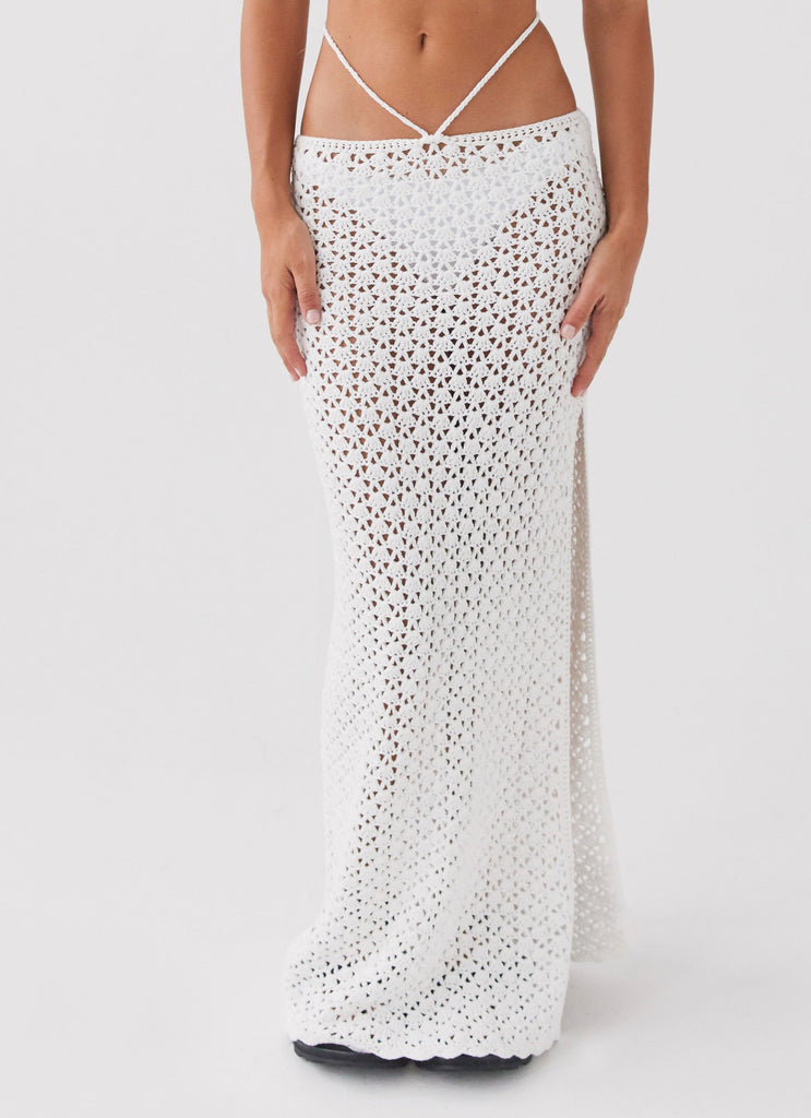 Womens Mabel Bay Crochet Maxi Skirt in the colour White in front of a light grey background